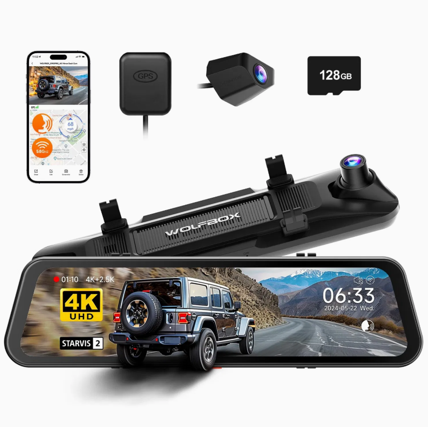 WOLFBOX G900PRO 4K UHD Smart Mirror Dash Cam – Dual Camera with WiFi, GPS, STARVIS 2 & 128GB Storage